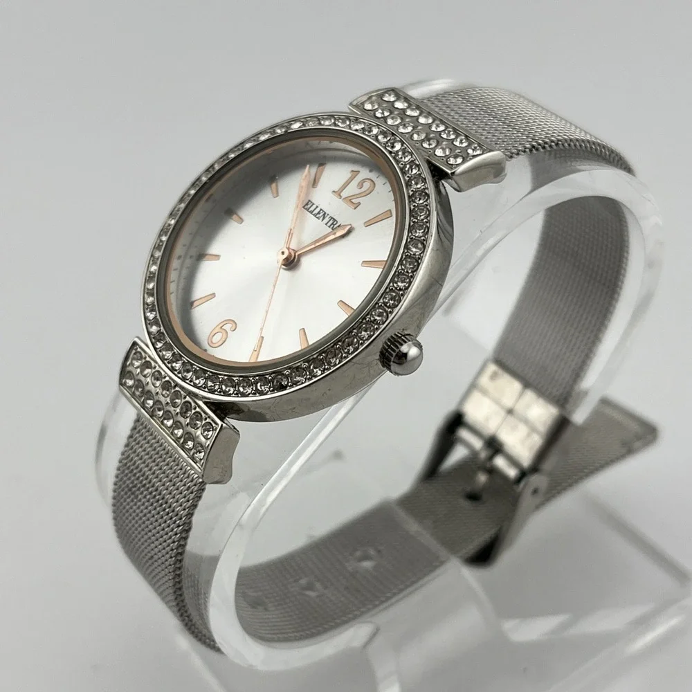 Ellen Tracy Watch Women 34mm Silver Case Crystals Mesh Metal Band- New‎ Battery